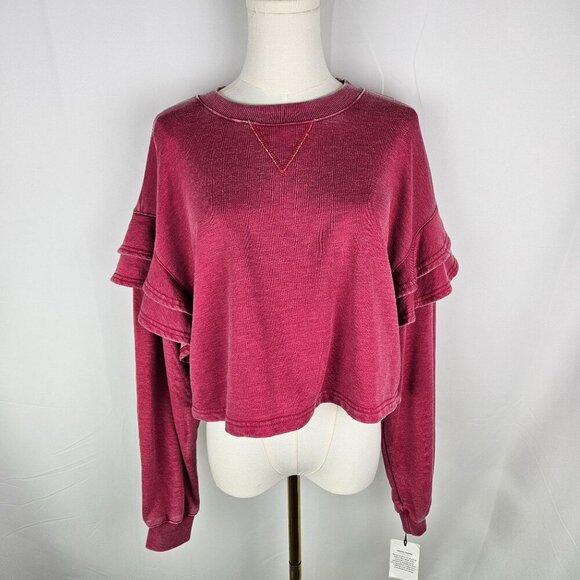NEW! 7 For All Mankind Berry Cropped Ruffle Sleeve Sweatshirt Medium - Picture 3 of 14